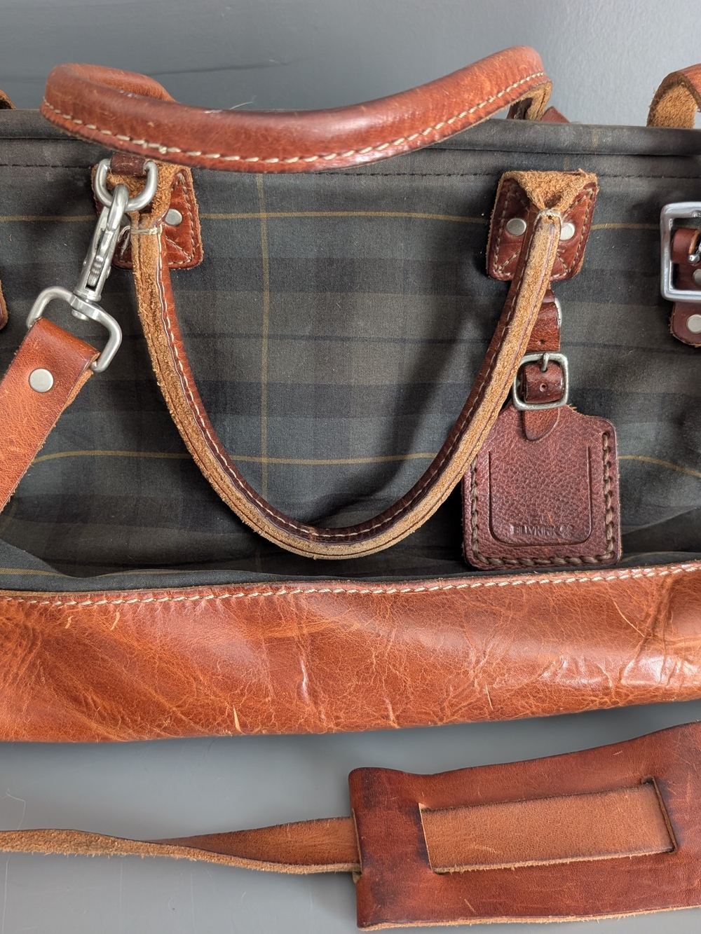 Billy Kirk Leather-Trim Brown, Black And Forest Plaid Men’s Travel Duffel